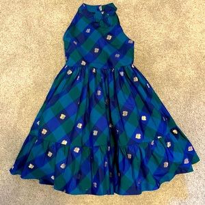 Blue and green plaid Janie and Jack holiday dress with gold accents